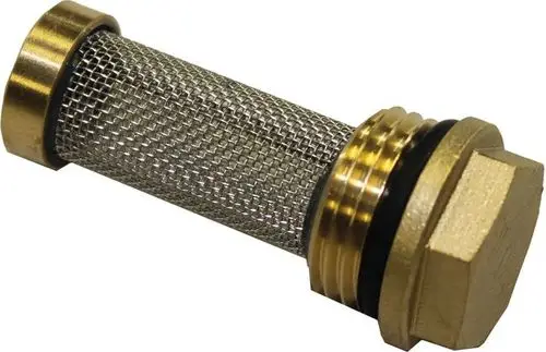 Schmutzfänger mit Metallgewebe und Gewinde, passend für Heizsysteme, hergestellt von Wolf, zur Filterung von Schmutz im Rücklauf des Heizkreises.